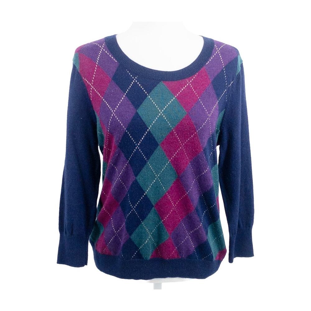 Talbots Women Petite M Navy Argyle Lambswool Sweater Preppy
